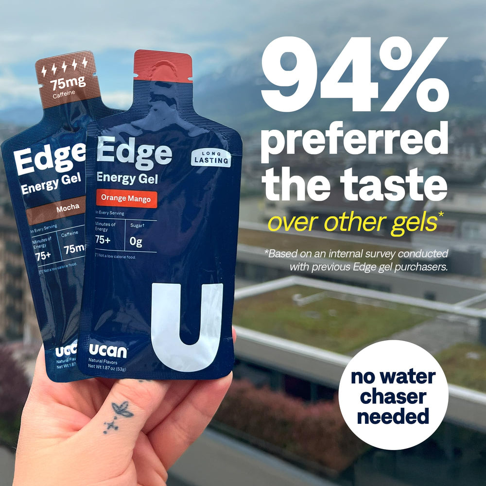 UCAN Edge energy gel shot held in hand ready for quick pre-workout energy