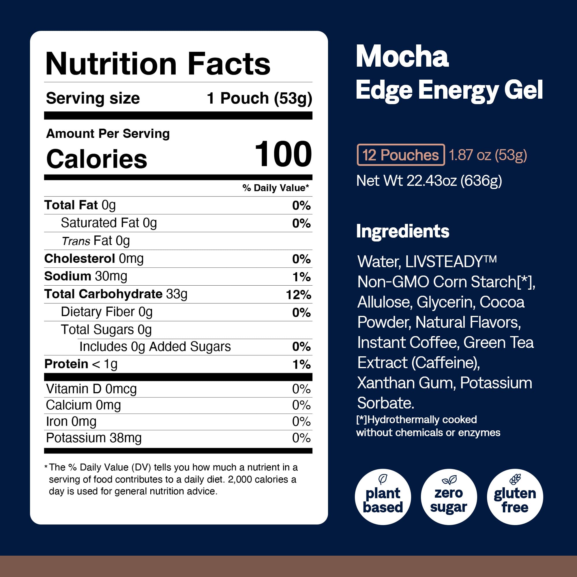 UCAN Edge mocha gel shot ingredients list for vegan, sugar-free formula