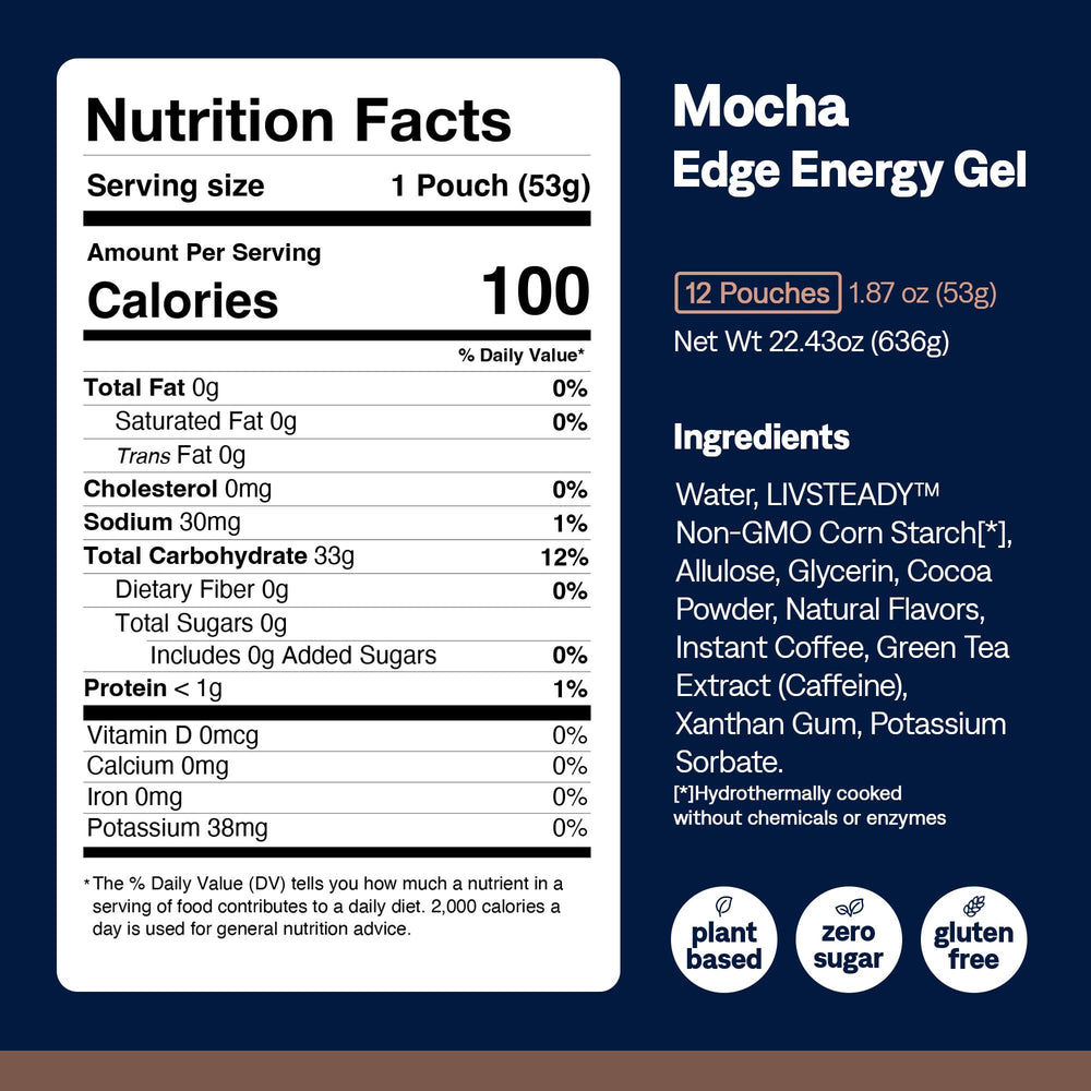 UCAN Edge mocha gel shot ingredients list for vegan, sugar-free formula