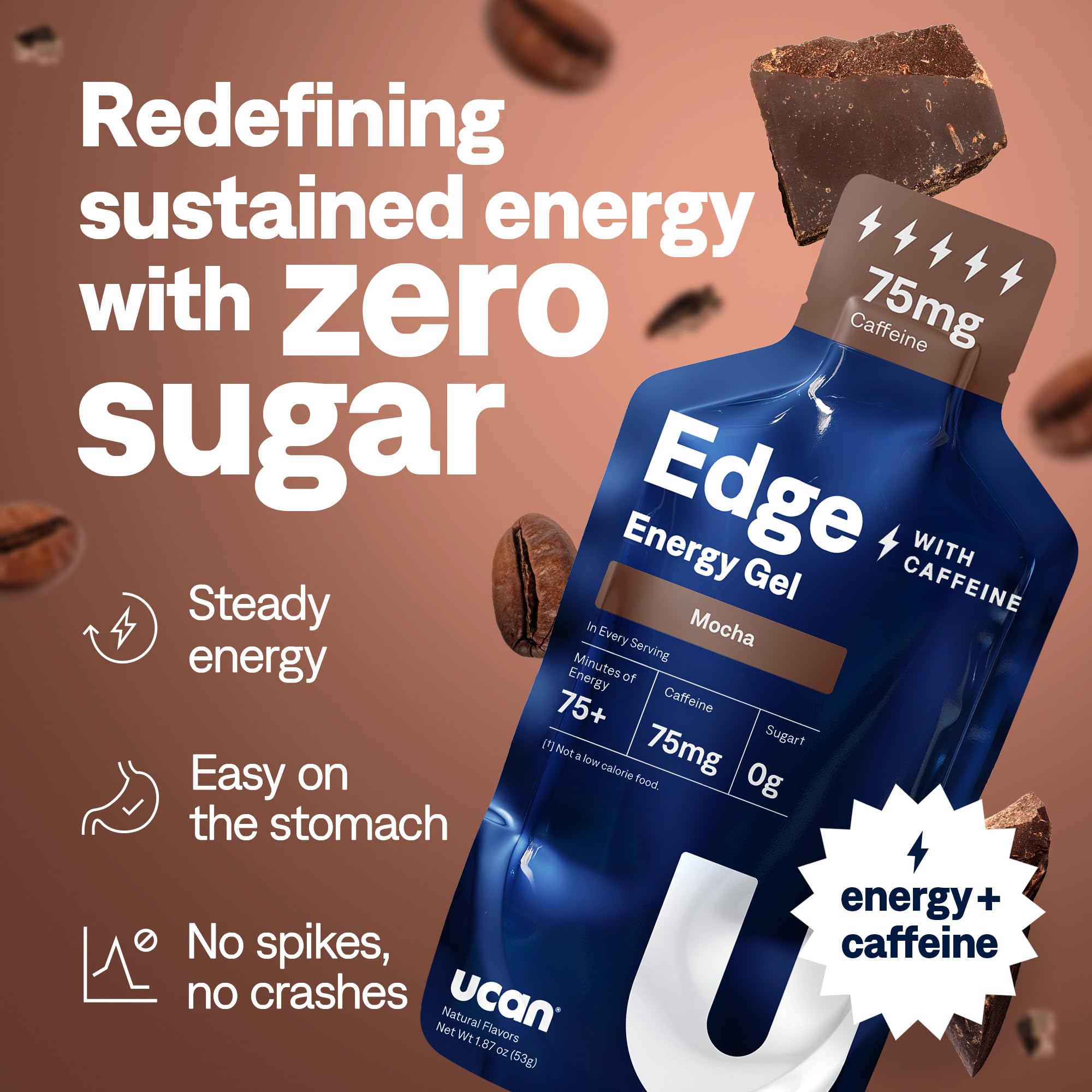 Close-up of UCAN Edge mocha gel shot showing convenient caffeine boost