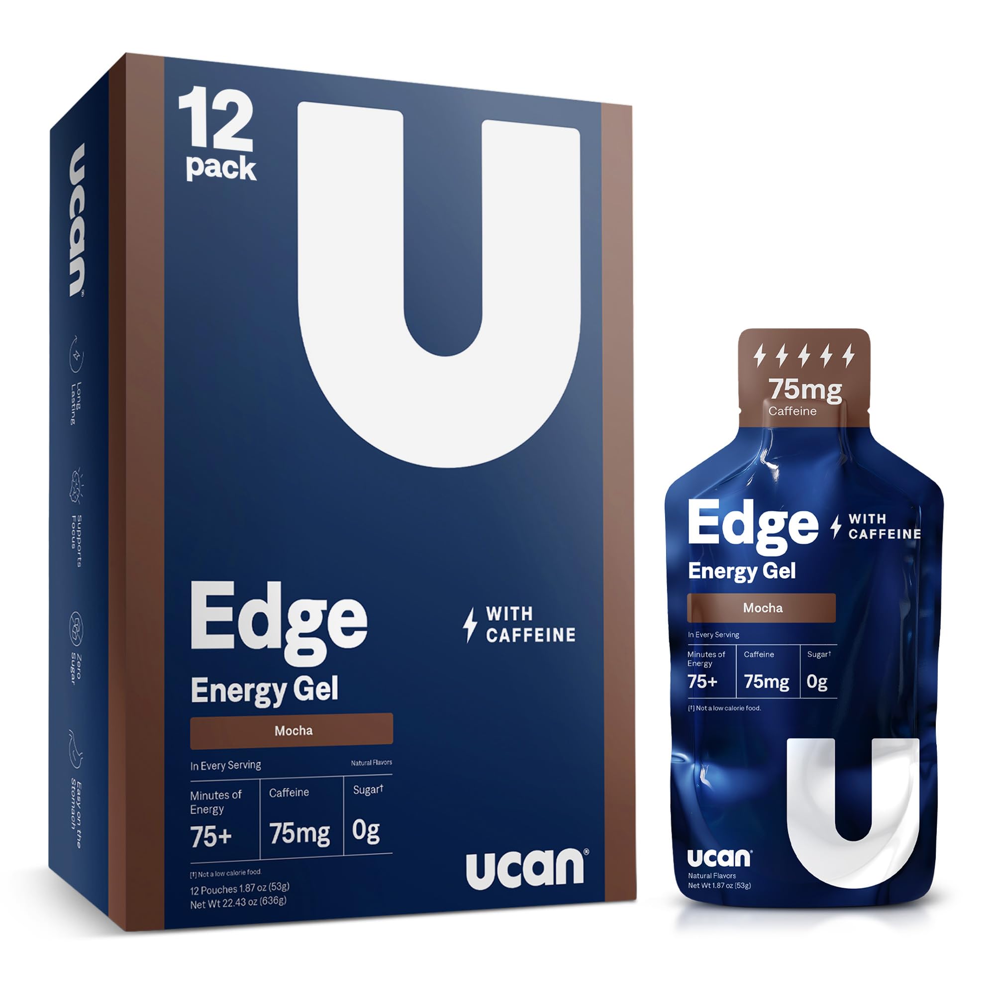 UCAN Edge mocha gel shot packet for steady energy on the go