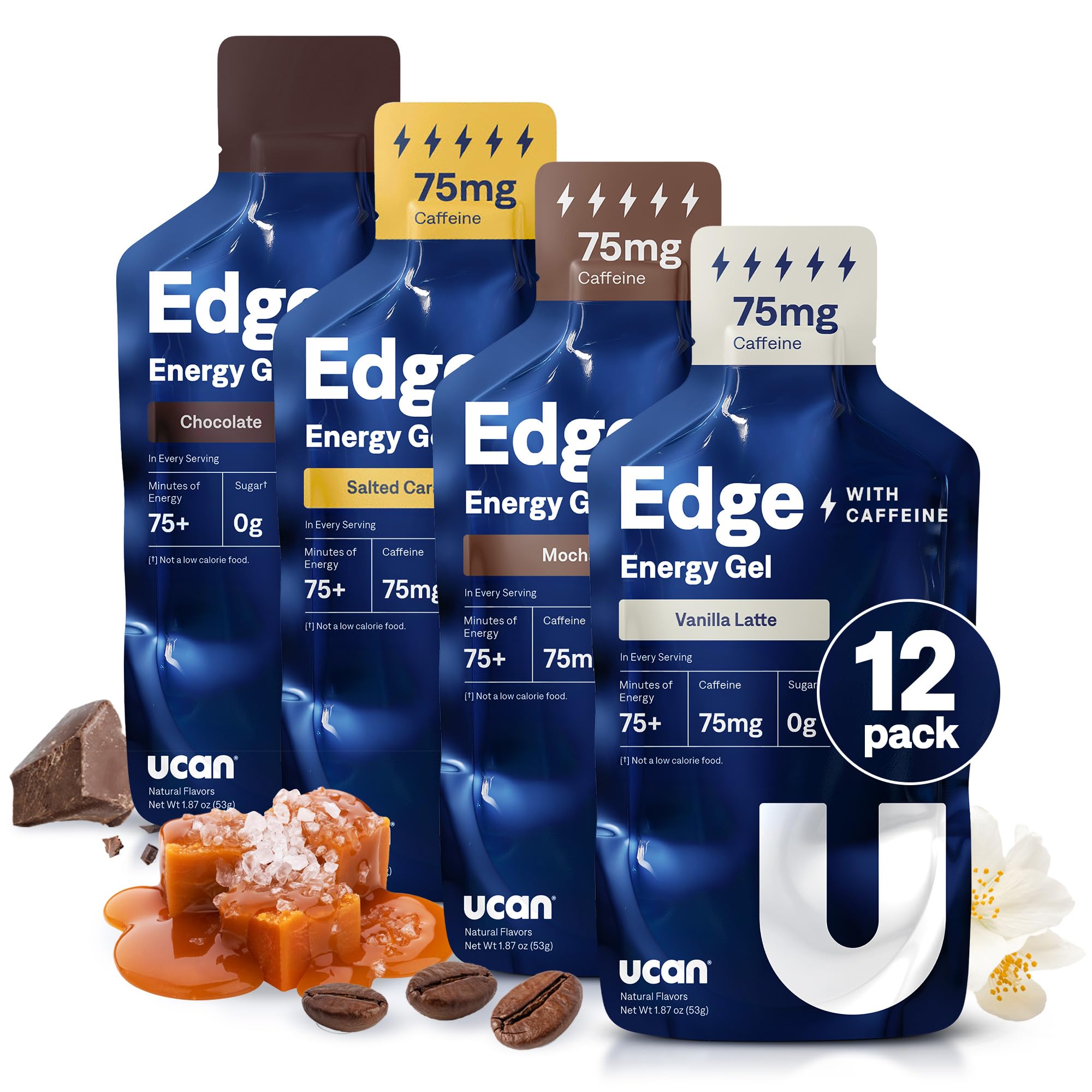 UCAN Edge energy gel shot packaging shown for convenient on-the-go fueling.