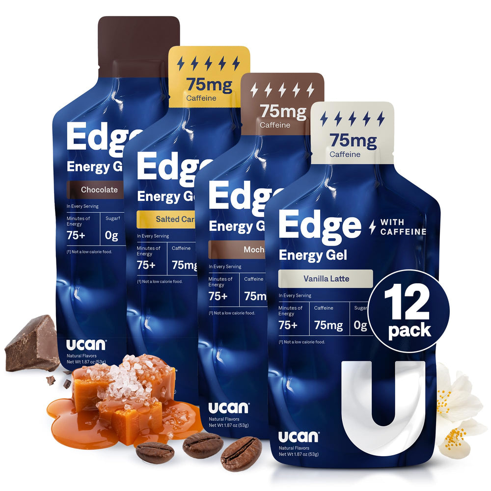 UCAN Edge energy gel shot packaging shown for convenient on-the-go fueling.
