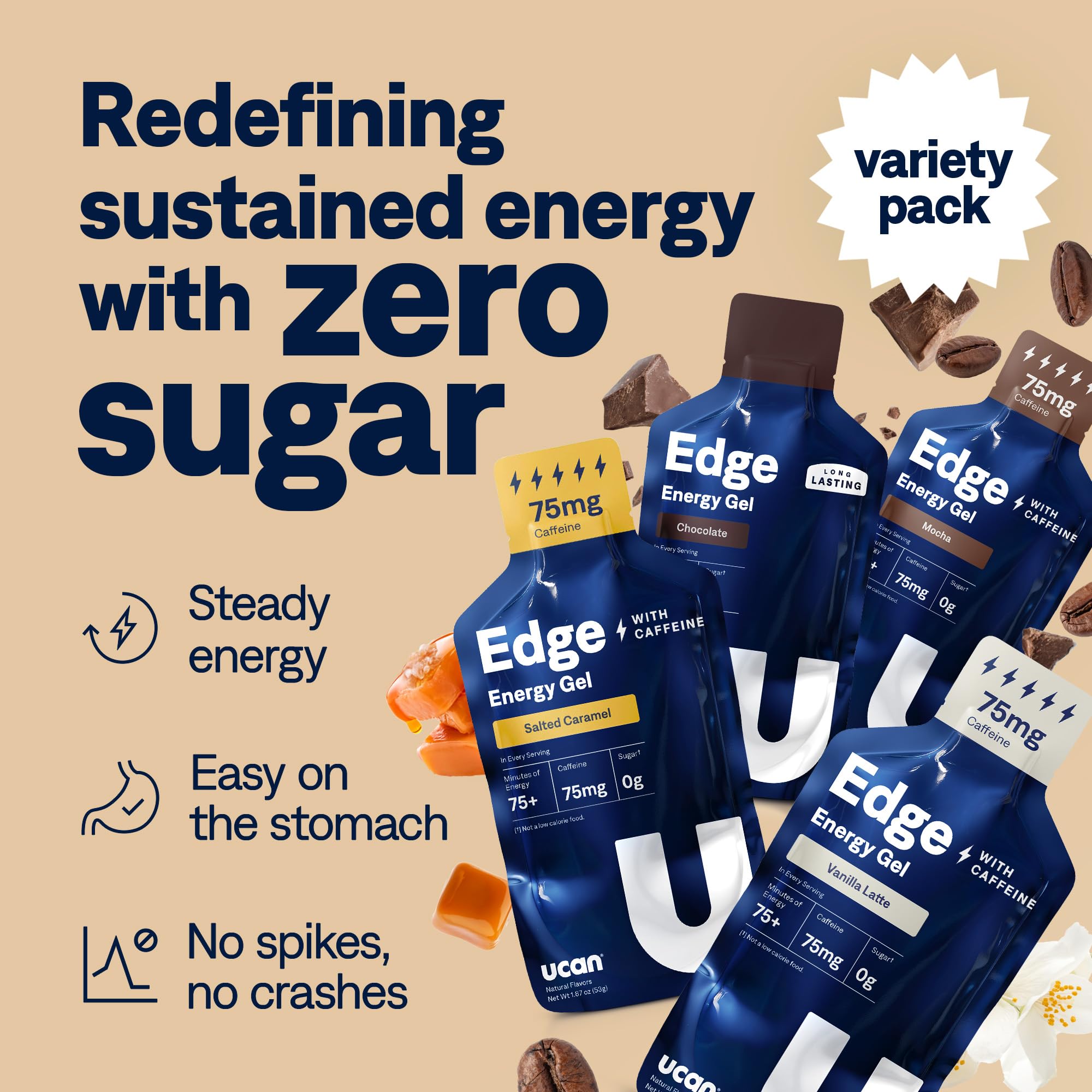 UCAN Edge energy gel shot packets close-up for portable, sugar-free energy.