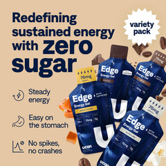 UCAN Edge energy gel shot packets close-up for portable, sugar-free energy.