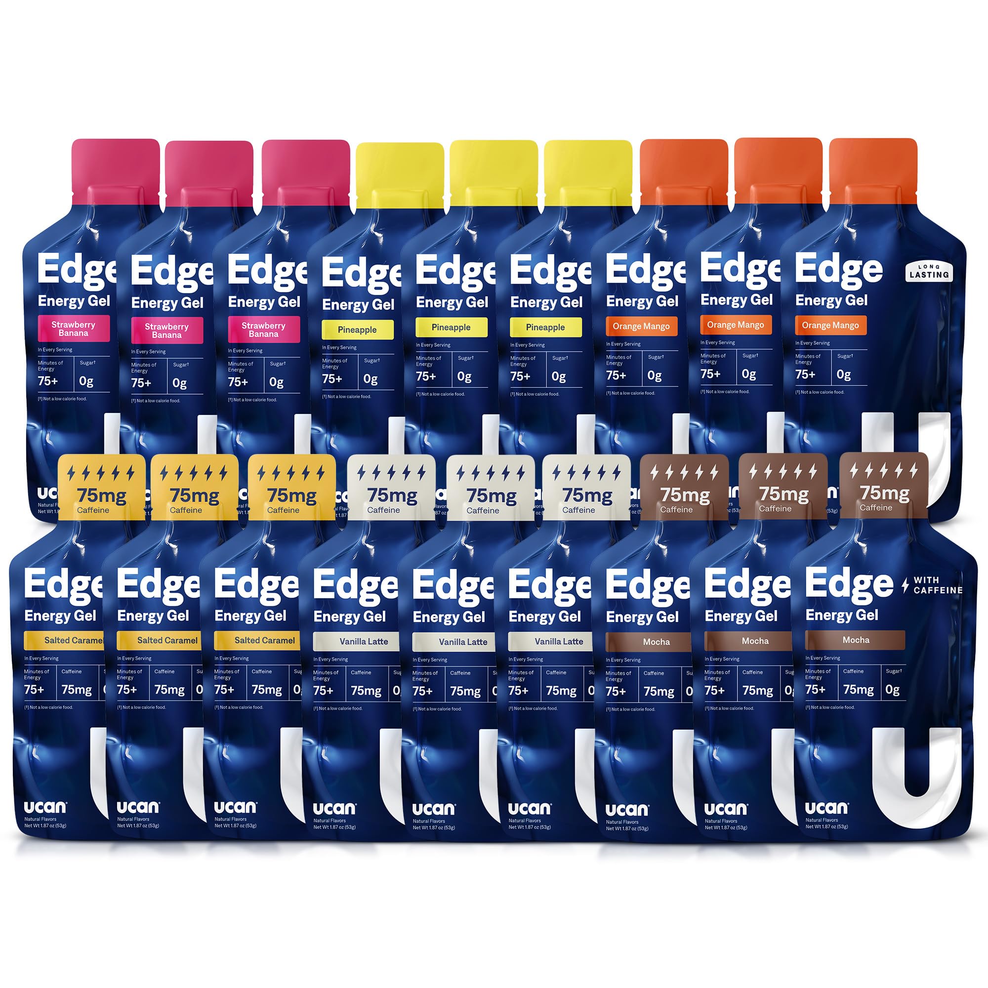UCAN Edge energy gel shot variety pack front view for sustained endurance fueling