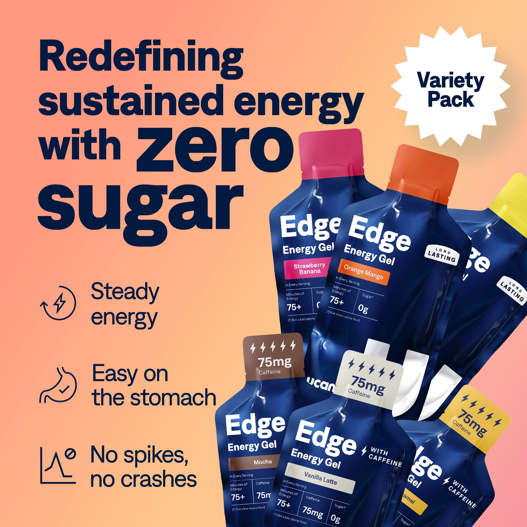 UCAN Edge energy gel shot variety pack side view emphasizing keto-friendly energy