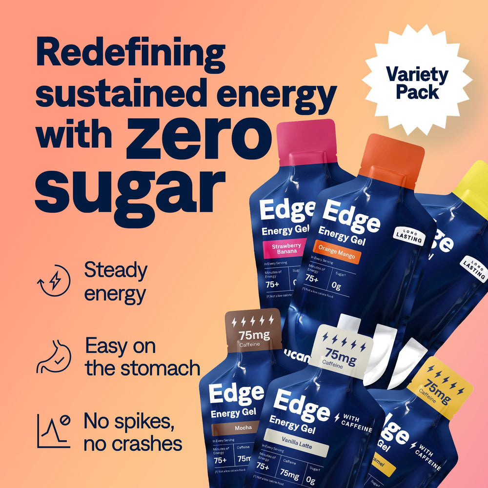 UCAN Edge energy gel shot variety pack side view emphasizing keto-friendly energy