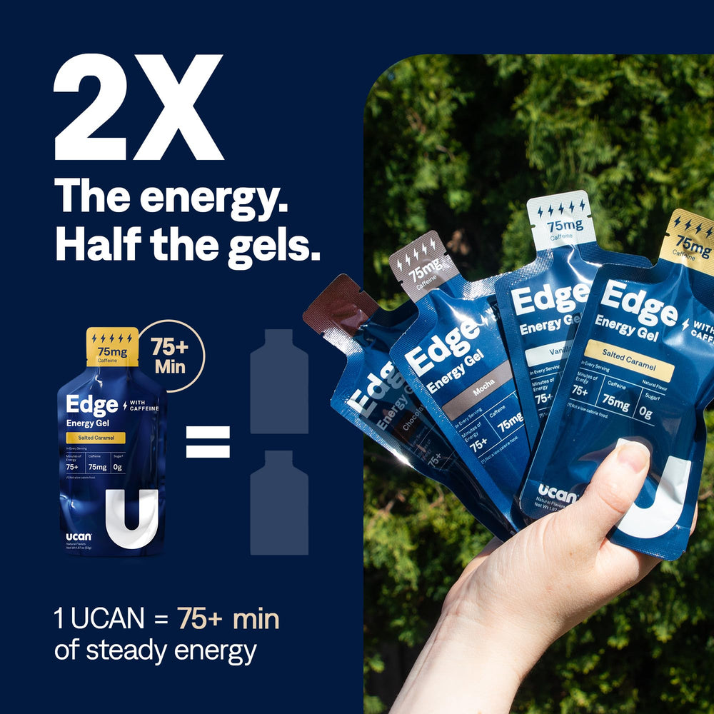 UCAN Edge label and nutrition info highlighting vegan, keto-friendly formula.