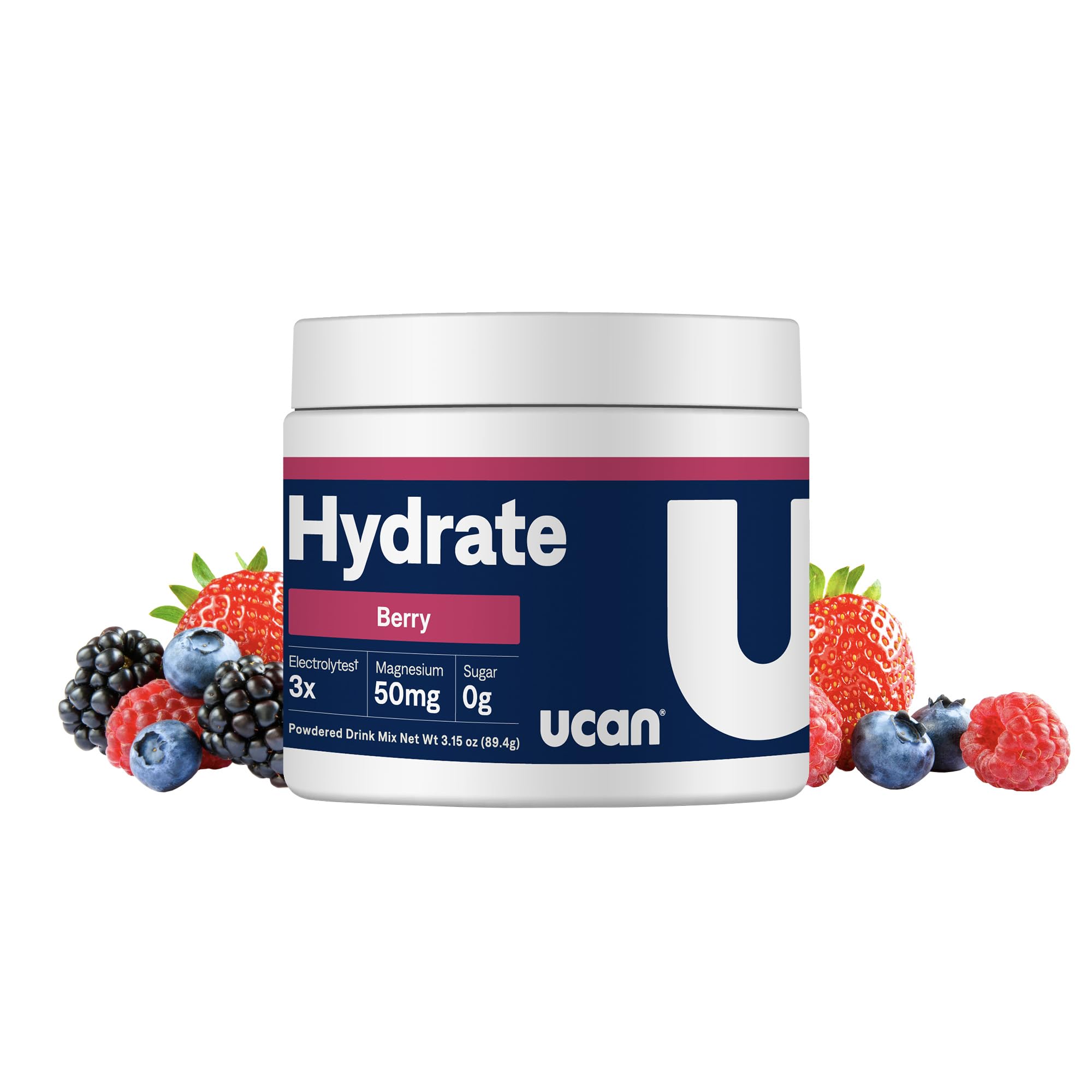 UCAN Hydrate berry bottle showing sugar-free hydration for workouts