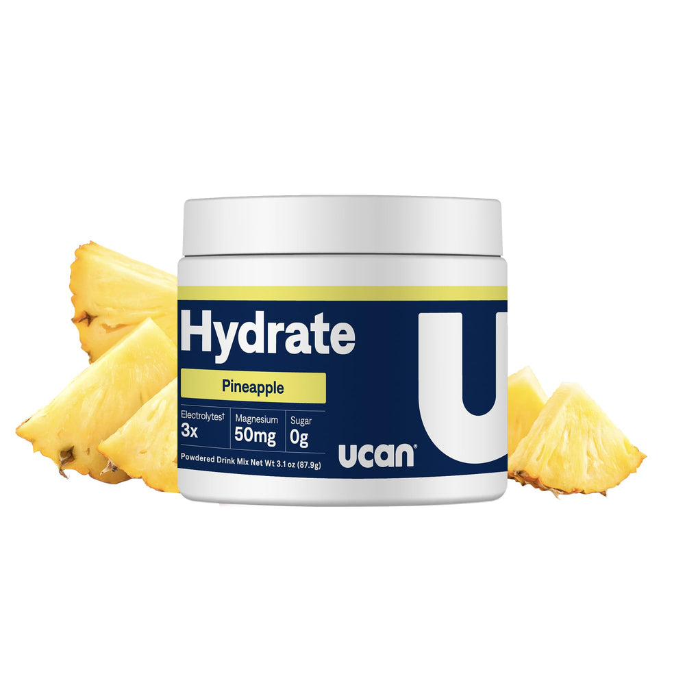 UCAN Hydrate pineapple bottle shown for on the go hydration during workouts