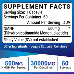 Close-up of NMNH capsules showing 500 mg dosage for convenient daily use.