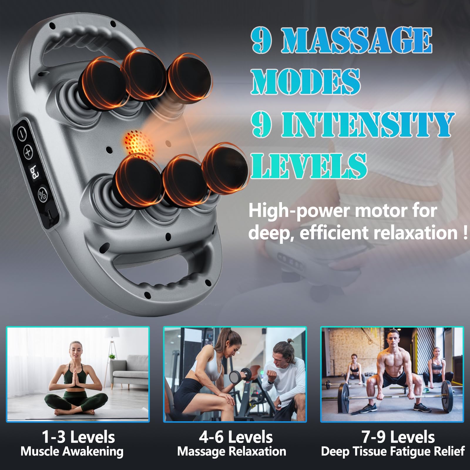 UFFAE massage gun in action delivering deep tissue relief for shoulders and legs.