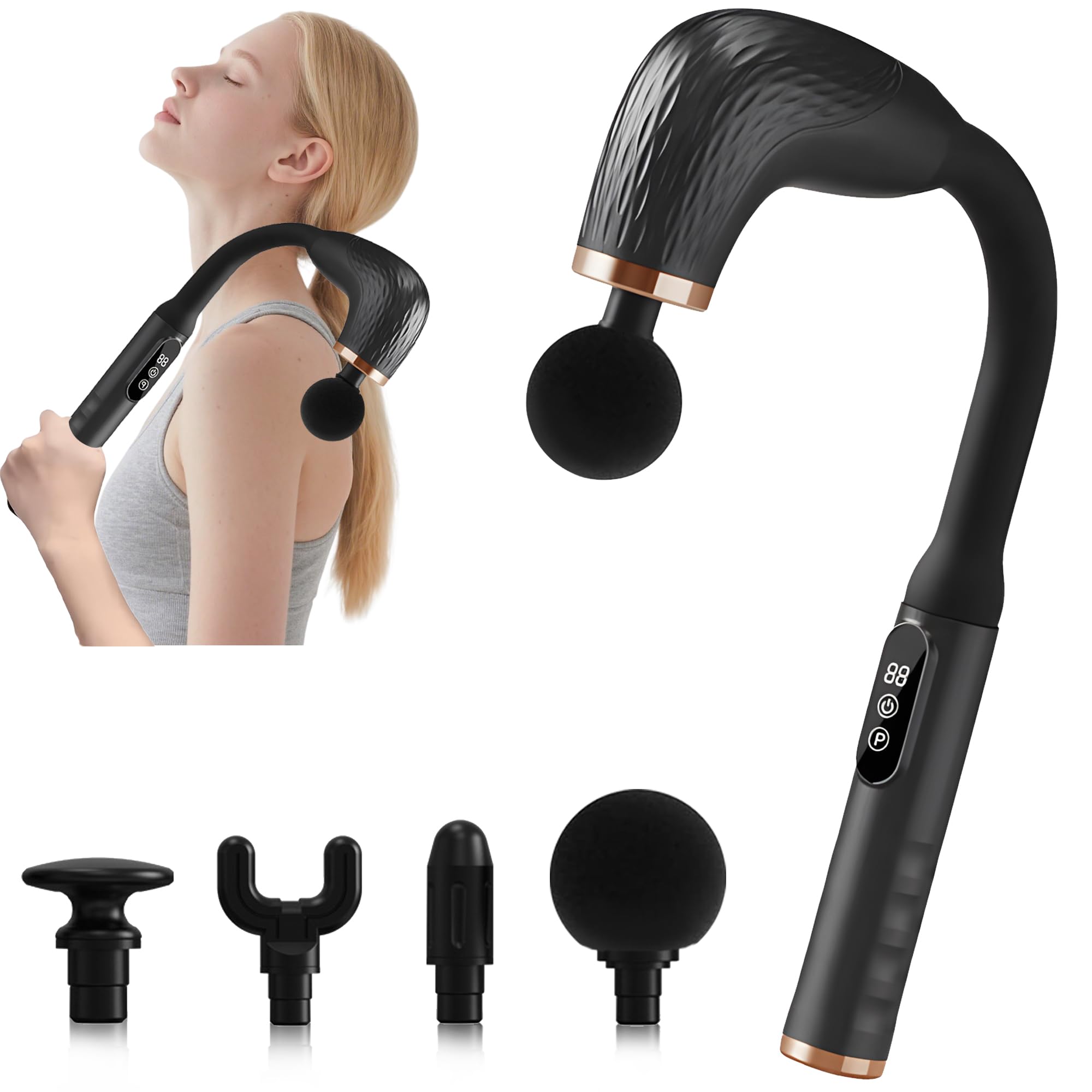 UFFAE Massage Gun with extension handle reaching shoulders and back for targeted relief.