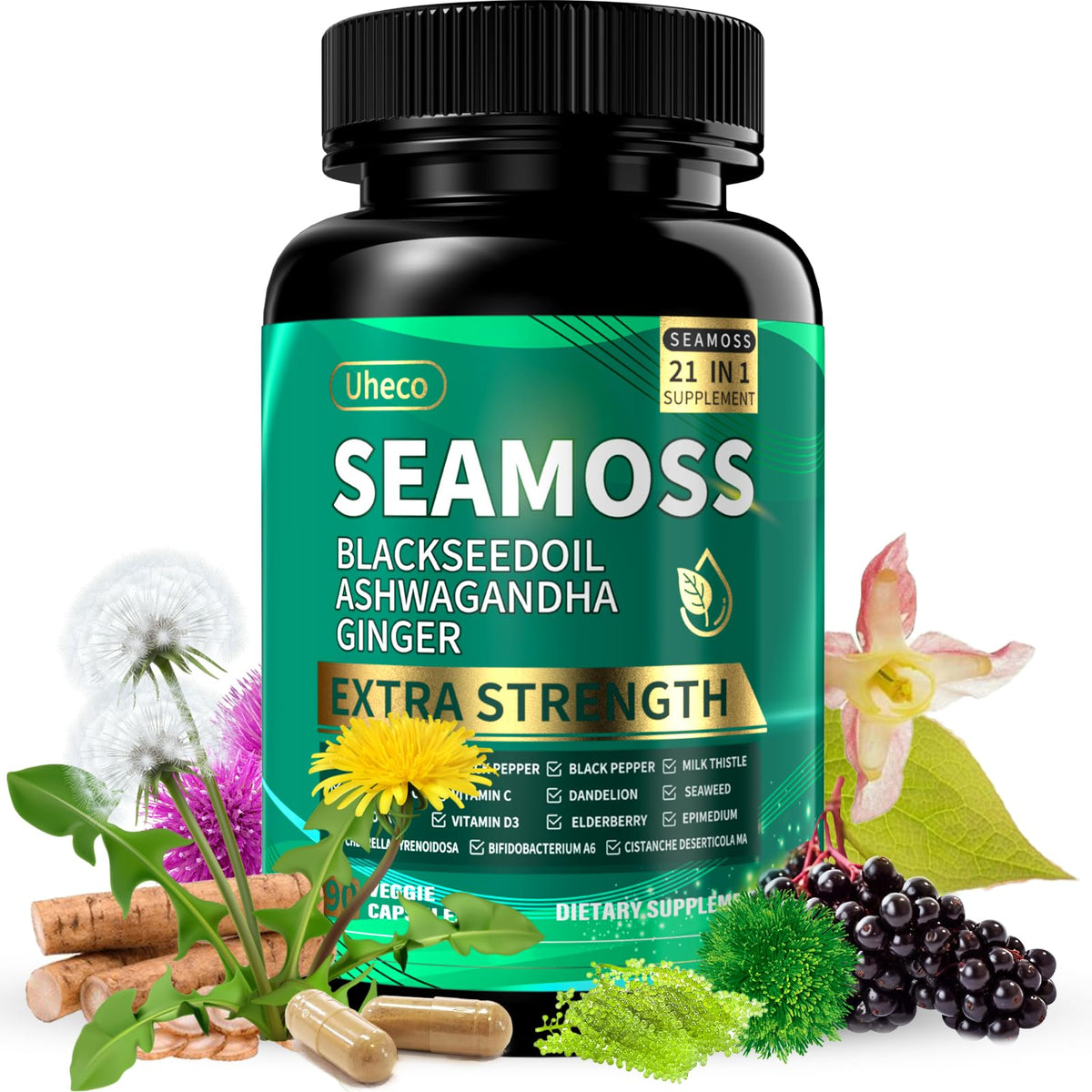 Uheco Sea Moss Capsules bottle front, highlighting a 21-in-1 wellness blend for daily use