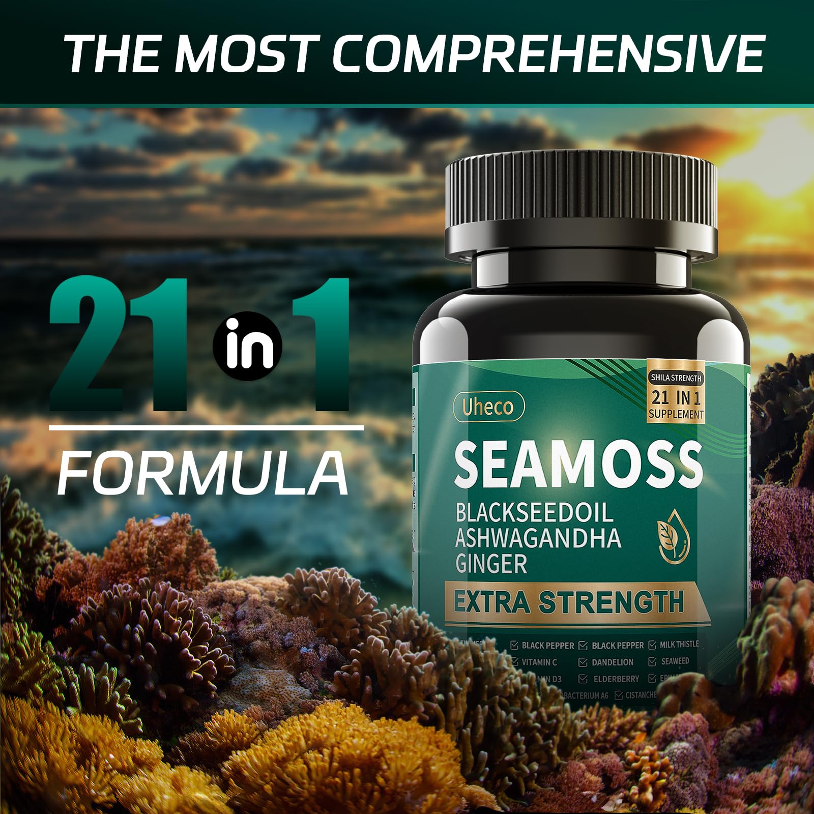 Uheco Sea Moss Capsules ingredient list closeup showing diverse blend