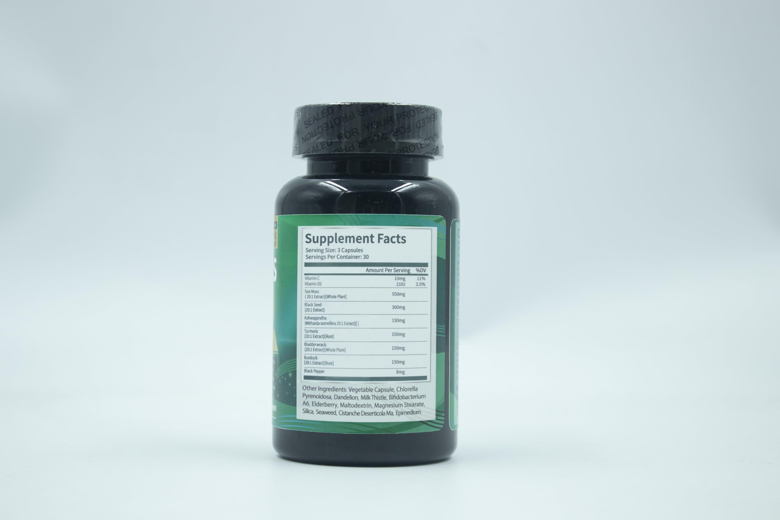 Uheco Sea Moss Capsules nutrition facts closeup highlighting 21 ingredients