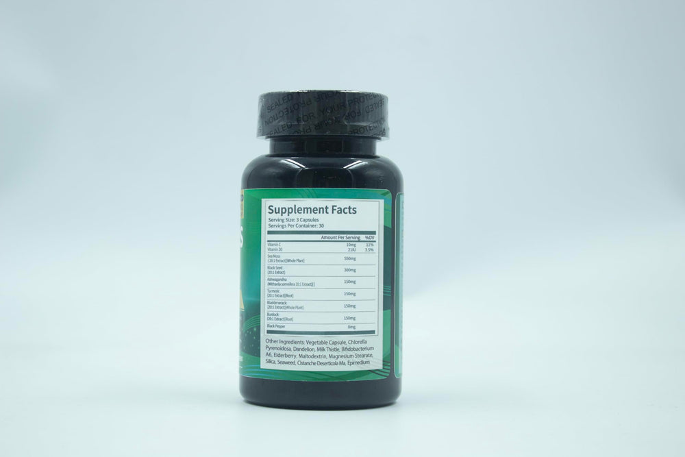 Uheco Sea Moss Capsules nutrition facts closeup highlighting 21 ingredients