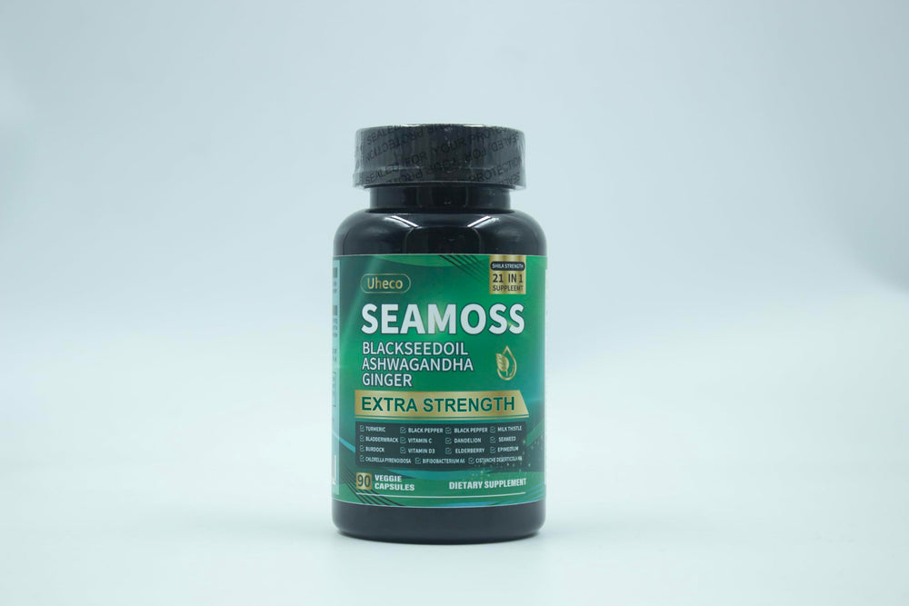 Uheco Sea Moss Capsules packaging open, revealing capsule-based design
