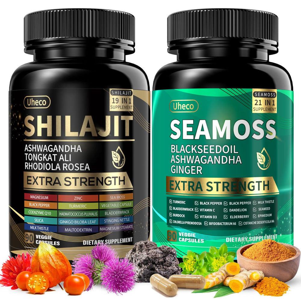 Uheco Shilajit Sea Moss Vitality Bundle bottle highlighting a complete minerals blend for daily vitality.