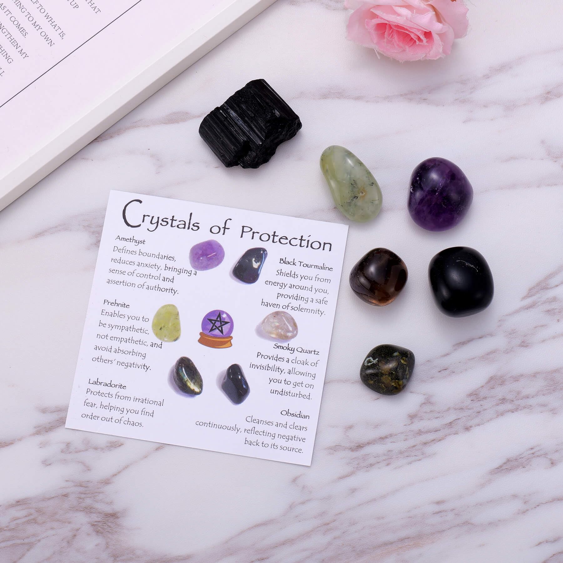 Ukodnus Protection Crystal Set with tourmaline blocks negativity while promoting focus.