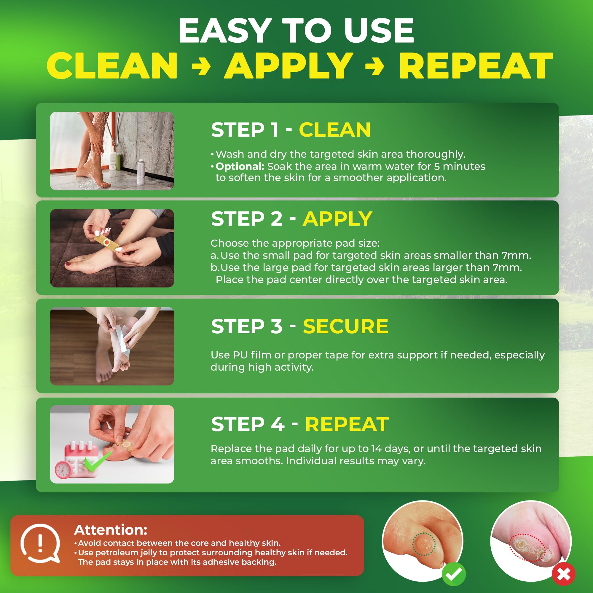 Ulensy Corn Remover Pads application steps illustrated for simple use.