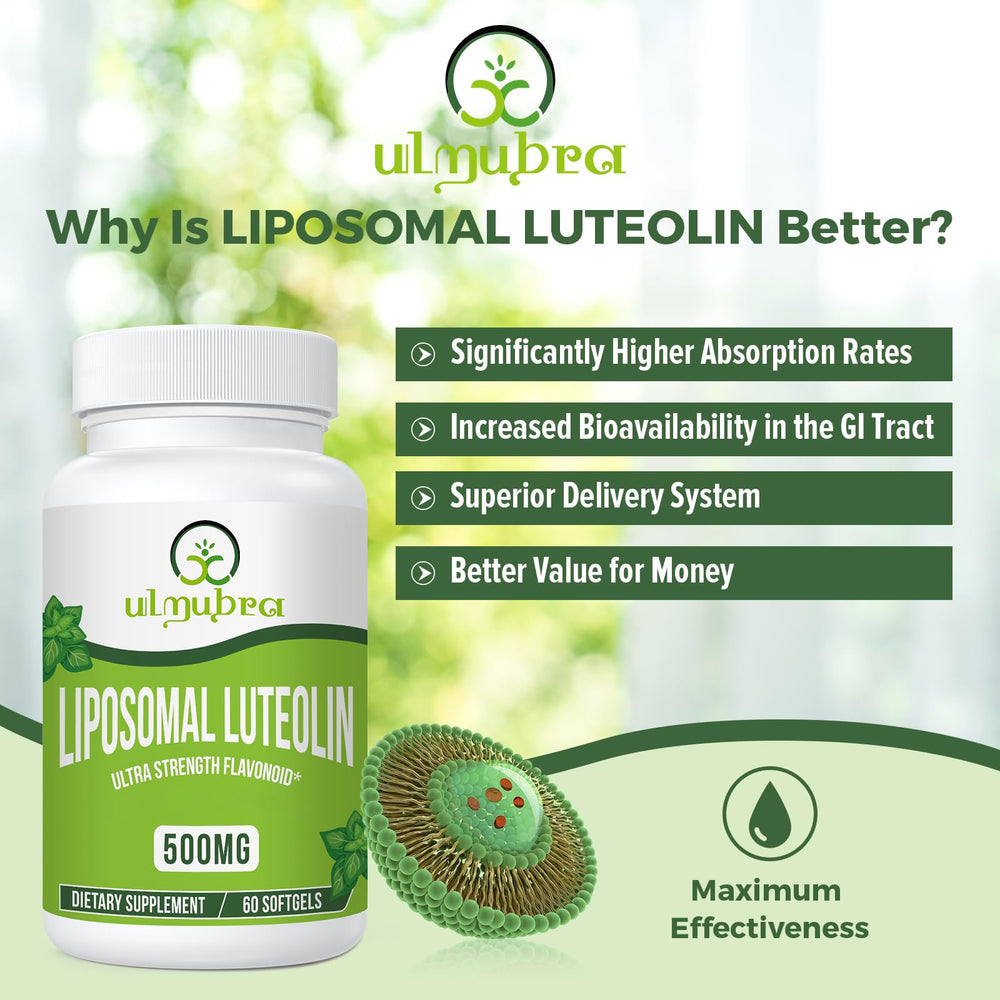 Closeup of Ulmubra Liposomal Luteolin softgels highlighting easy-to-swallow capsules