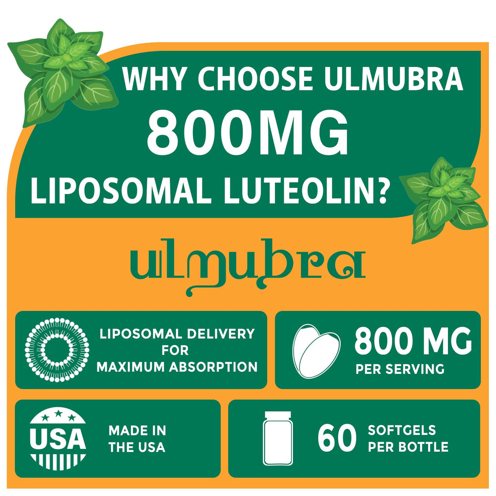 Ulmubra liposomal luteolin softgels close-up showing easy-to-swallow design.
