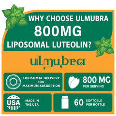 Ulmubra liposomal luteolin softgels close-up showing easy-to-swallow design.