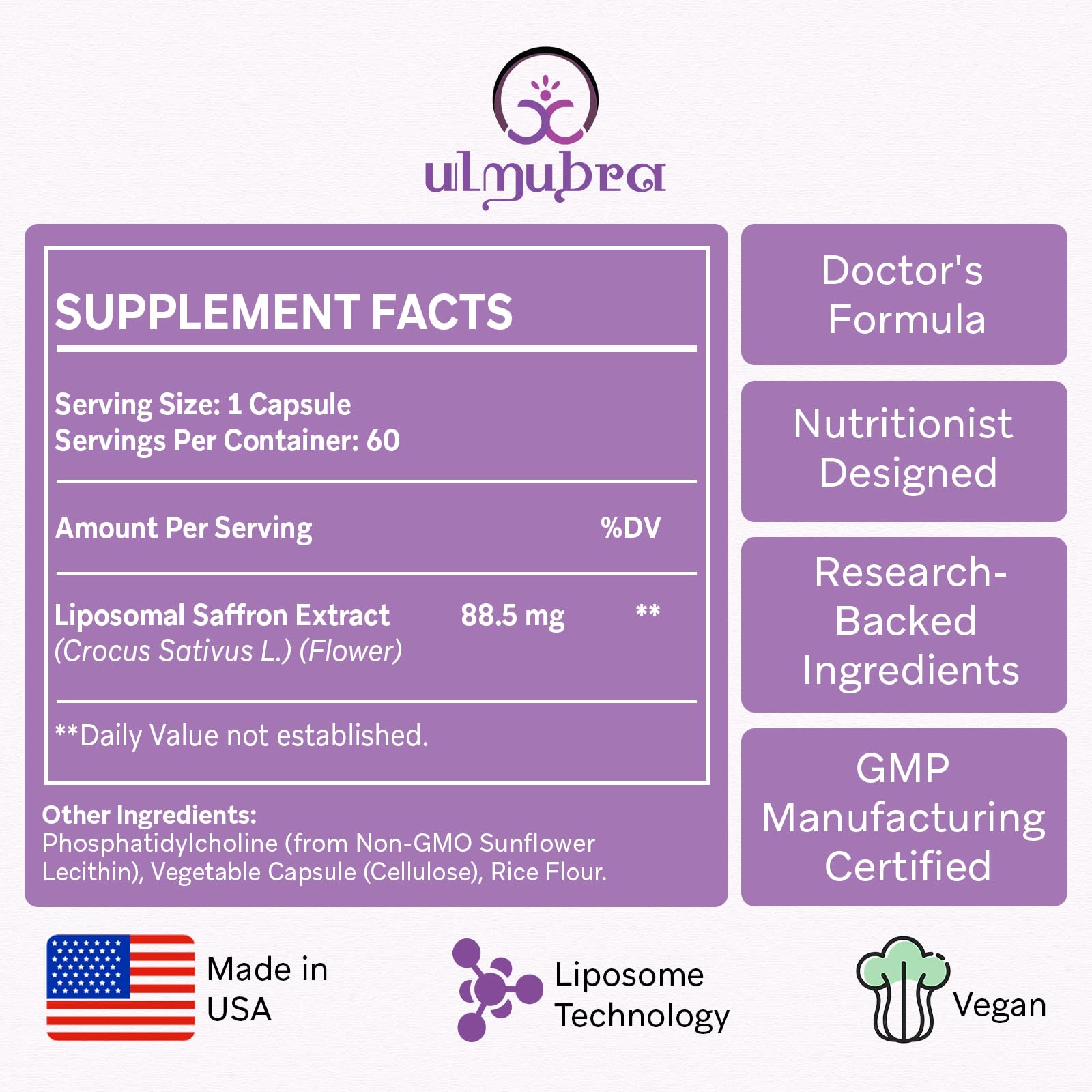 Ulmubra liposomal saffron capsules bottle front showing sleek vegan dietary supplement.