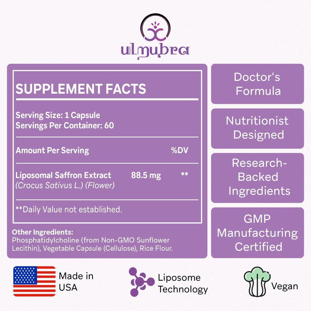 Ulmubra liposomal saffron capsules bottle front showing sleek vegan dietary supplement.