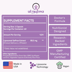 Ulmubra liposomal saffron capsules bottle front showing sleek vegan dietary supplement.