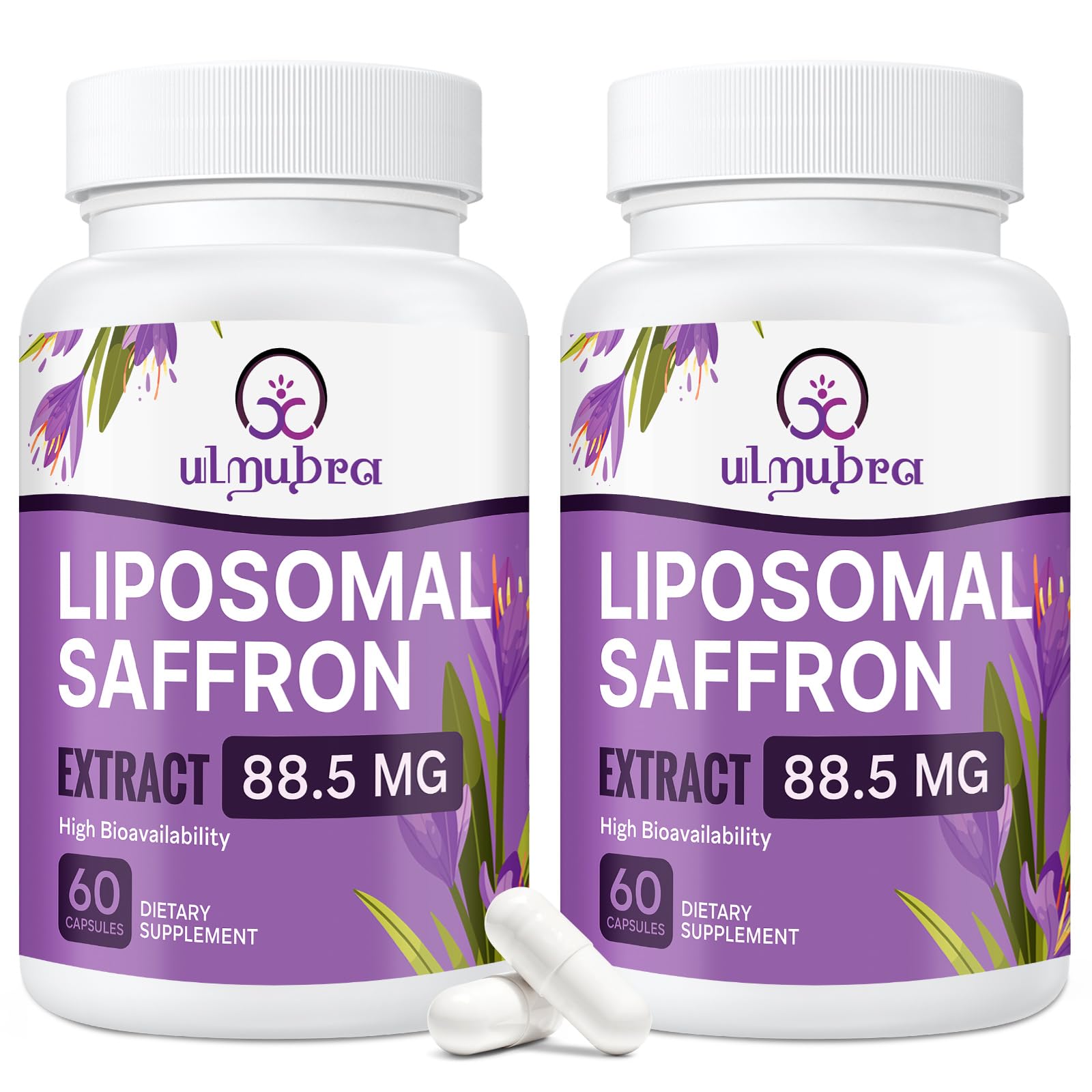 Ulmubra liposomal saffron capsules packaging highlighting premium saffron for mood balance.