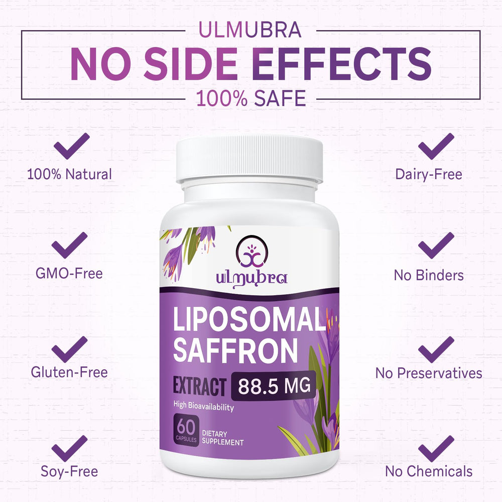 Ulmubra liposomal saffron capsules close-up of pure saffron extract.