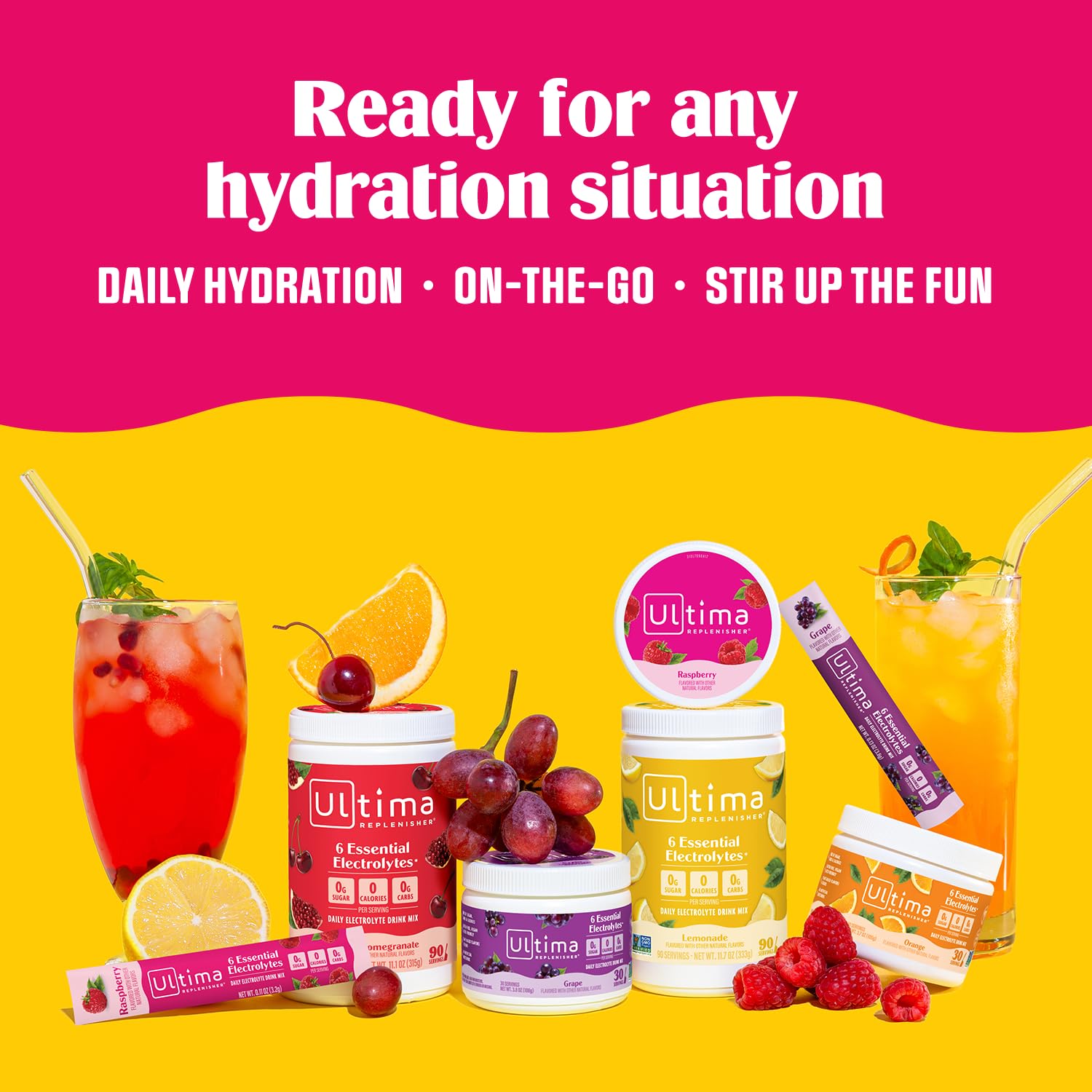 Ultima Replenisher 20-pack display showing portable hydration for daily use