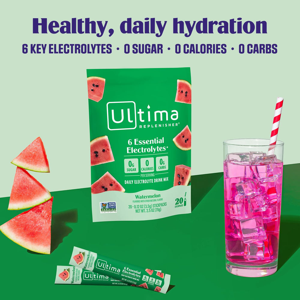 Graphic showing Ultima Replenisher's six electrolytes for balanced hydration.