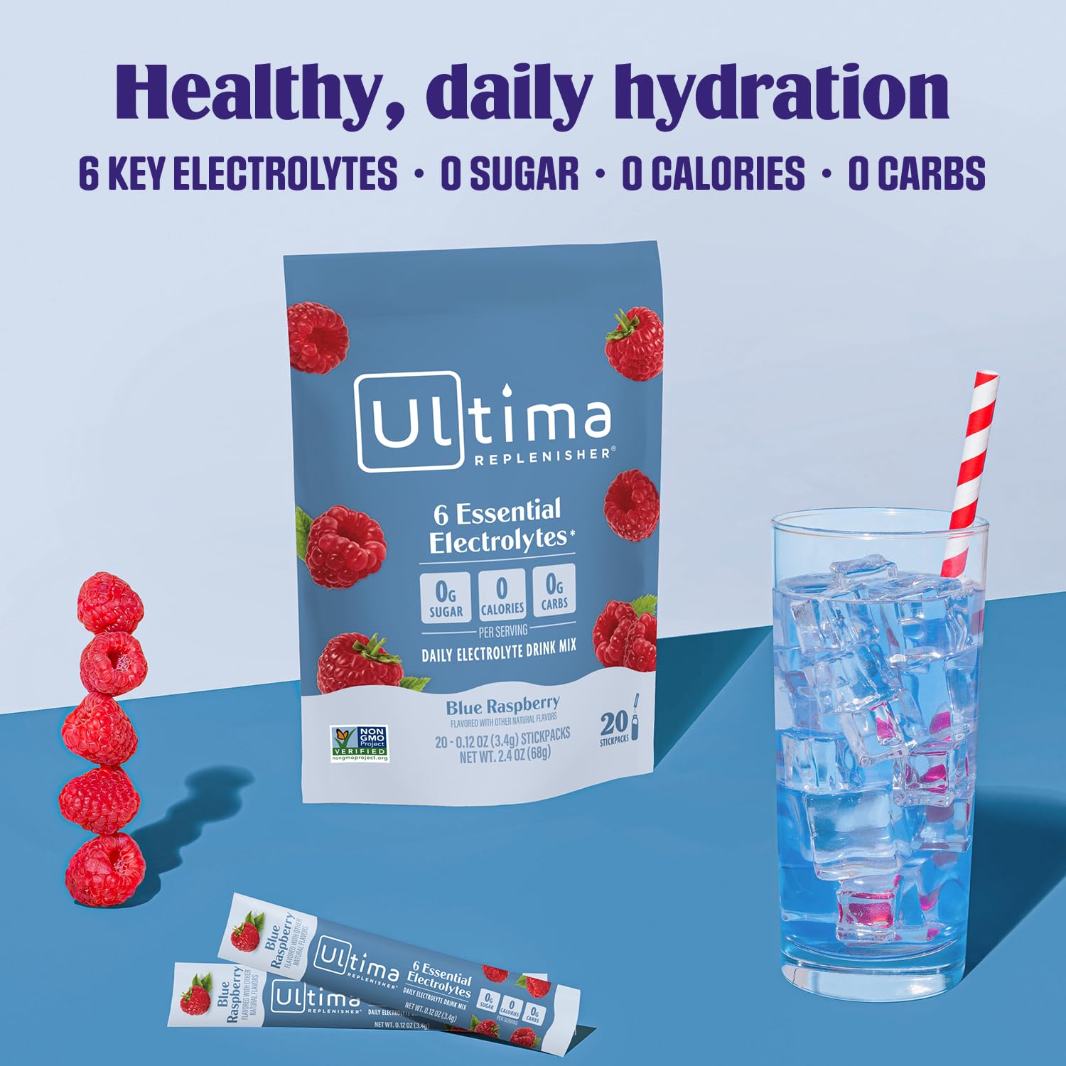 Glass of blue raspberry Ultima drink over ice for cooling hydration.