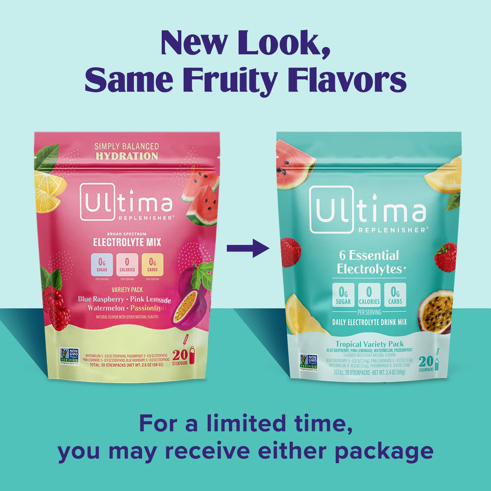 Ultima Replenisher blue raspberry packet for flavorful, sugar-free hydration on the move.