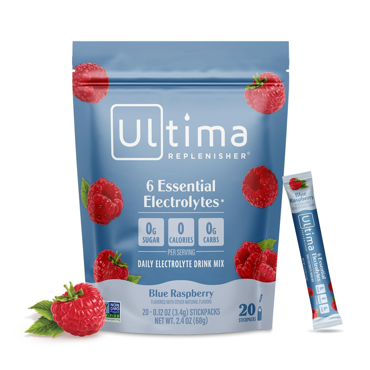 Ultima Replenisher blue raspberry stickpack close-up for on the go hydration.
