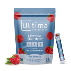 Ultima Replenisher blue raspberry stickpack close-up for on the go hydration.