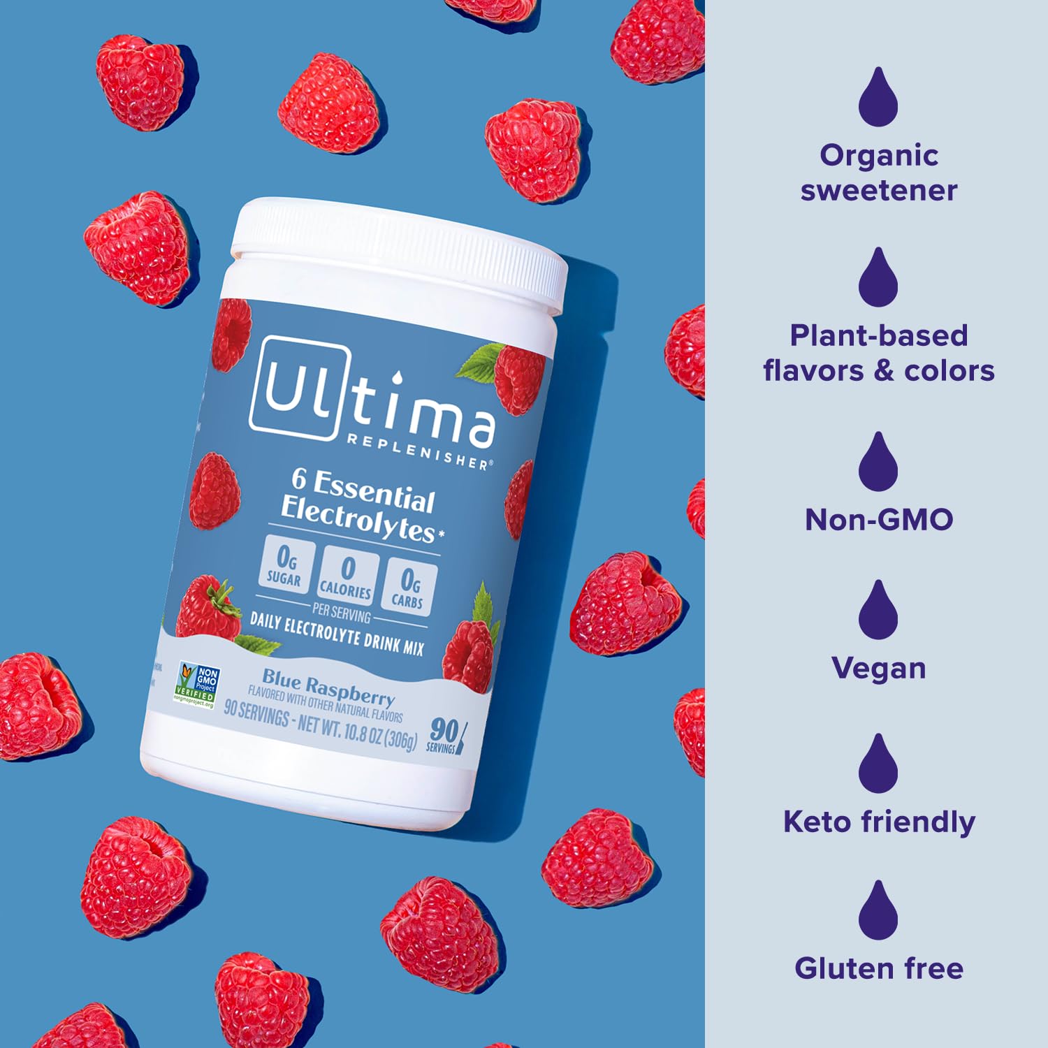 Canister of Ultima Replenisher on a kitchen shelf ready for daily use.