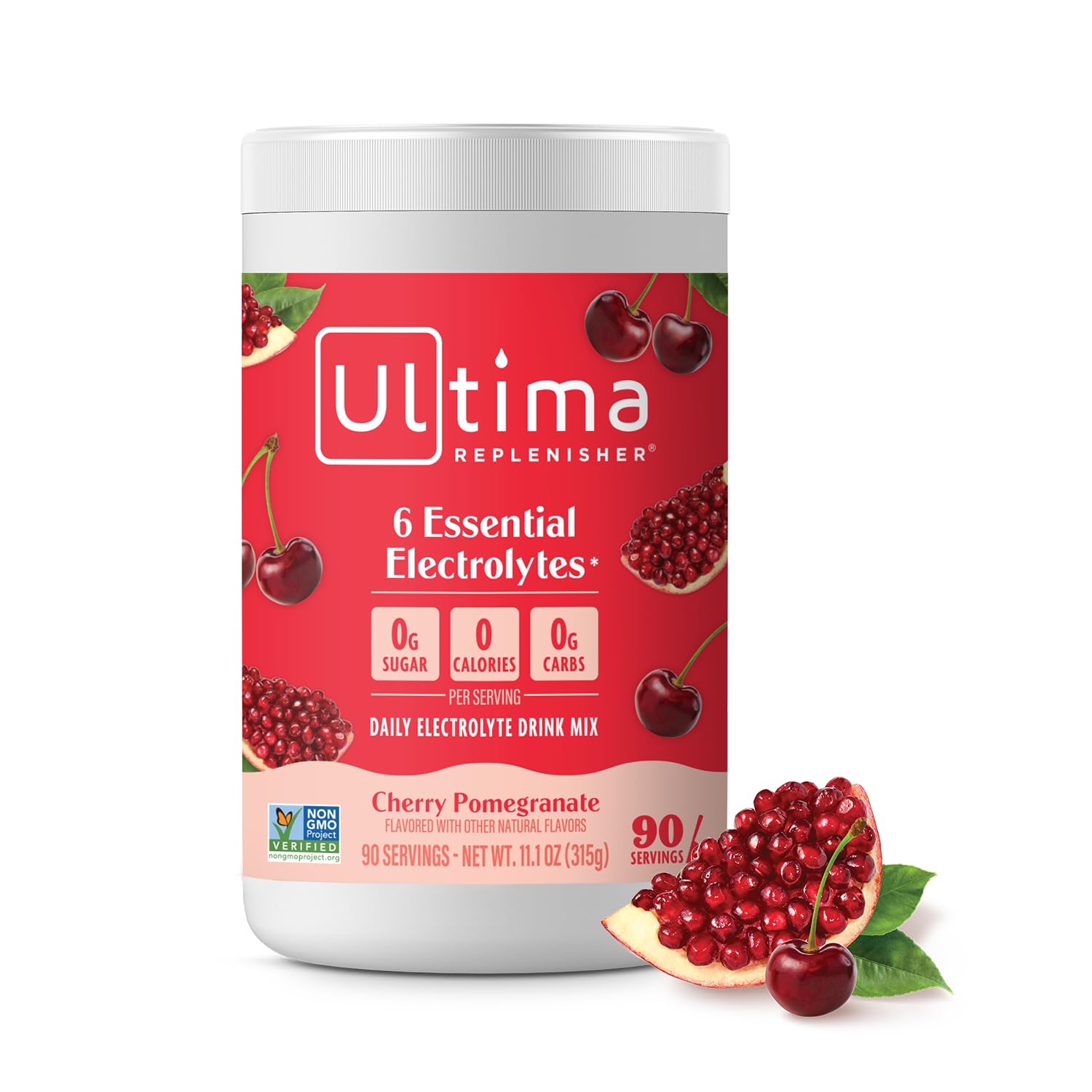 Ultima Replenisher cherry-pomegranate powder tub ready for daily hydration.