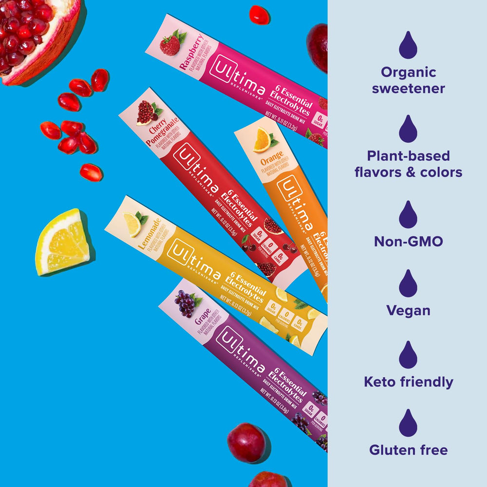 Ultima Replenisher Cherry Pomegranate stickpack supports balanced electrolytes anytime.