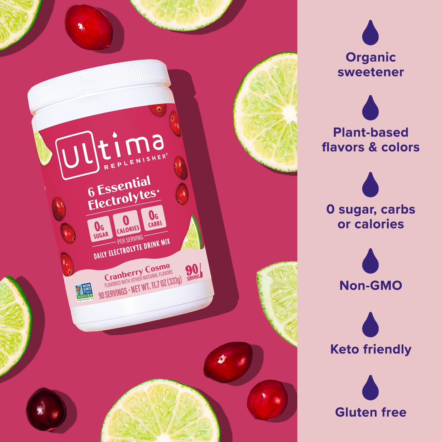 Glass with Cranberry Cosmo drink made with Ultima Replenisher.