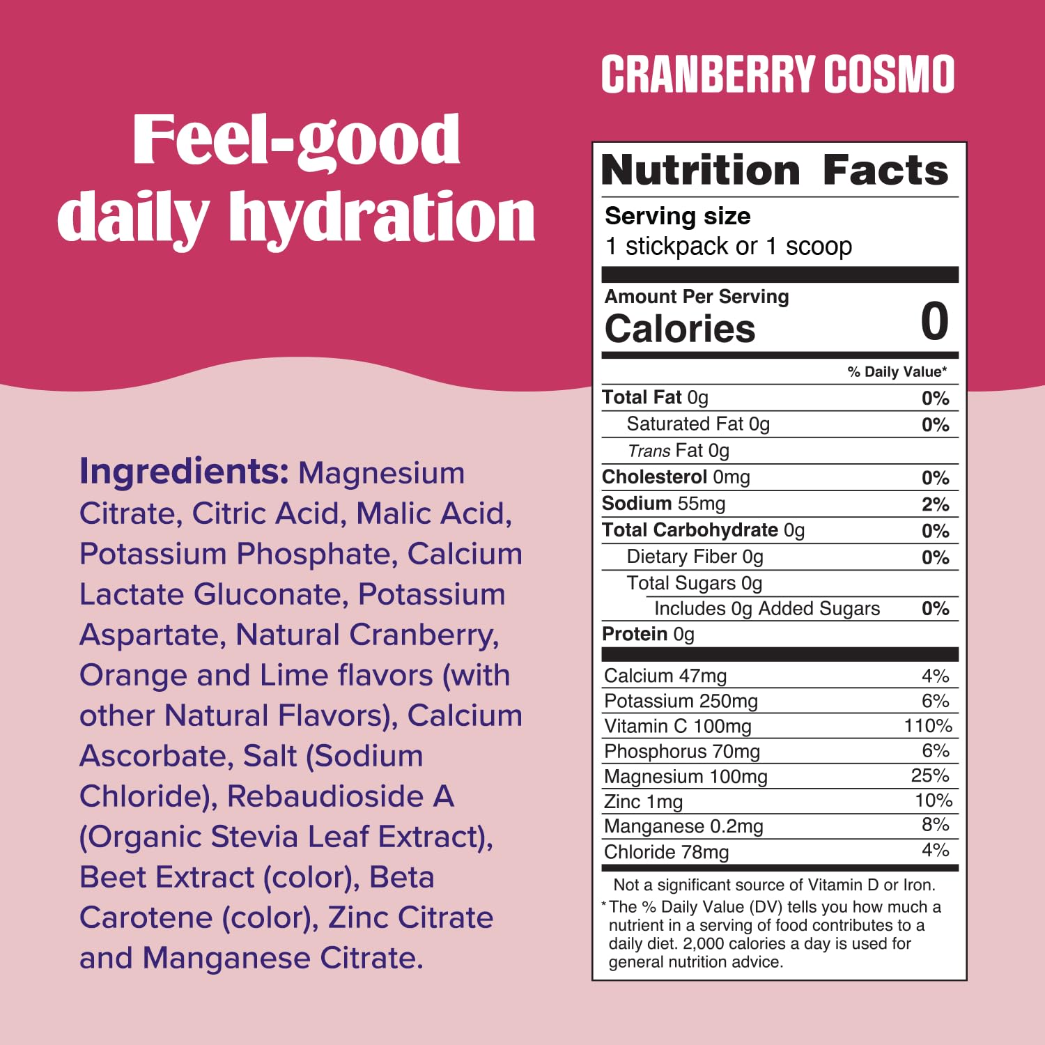 Glass of prepared Ultima Replenisher Cranberry Cosmo drink showing vibrant color