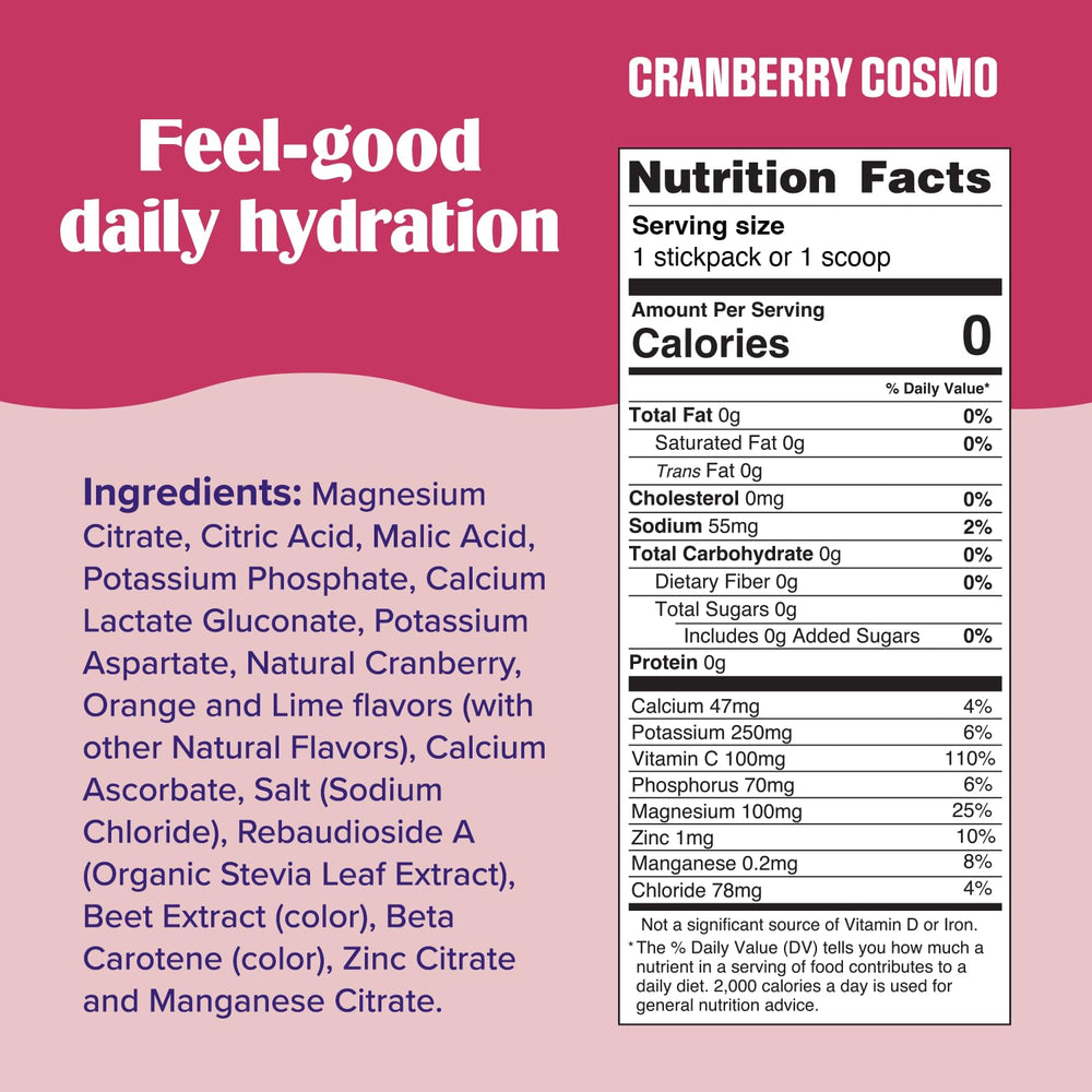 Glass of prepared Ultima Replenisher Cranberry Cosmo drink showing vibrant color