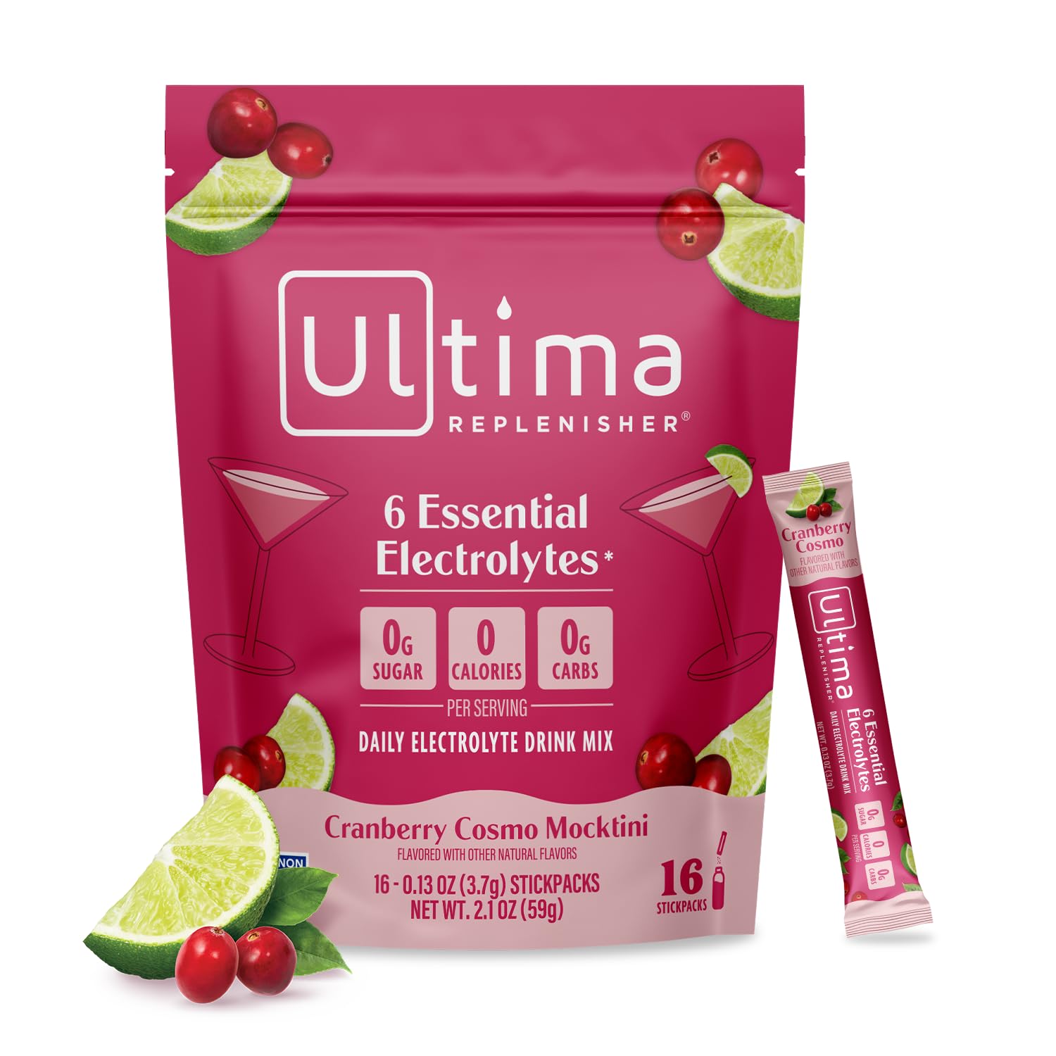 Ultima Replenisher Cranberry Cosmo stickpack on table for quick hydration