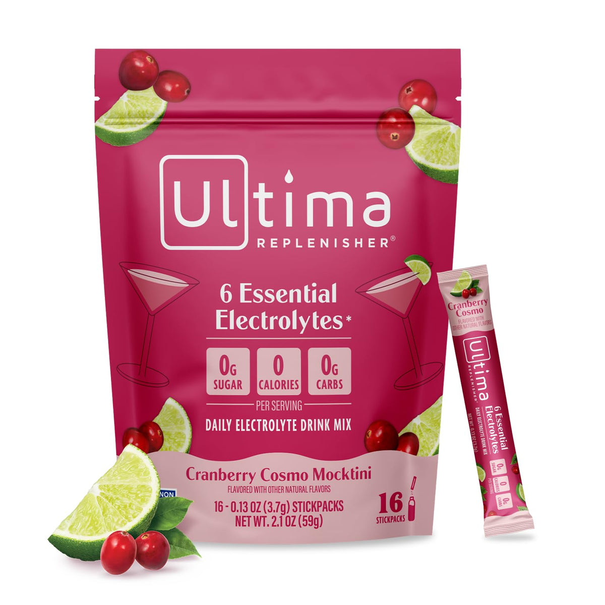 Ultima Replenisher Cranberry Cosmo stickpack on table for quick hydration