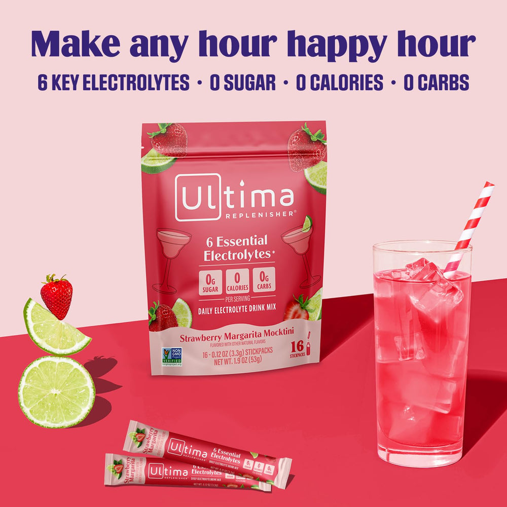 Ultima Replenisher powder being stirred into water for refreshing hydration.