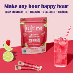 Ultima Replenisher powder being stirred into water for refreshing hydration.